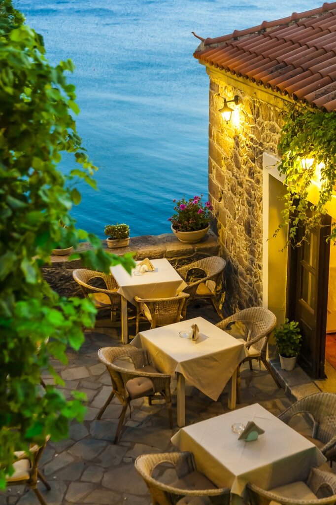 restaurant, food, table, sea, plant, traditional, village, nature, light